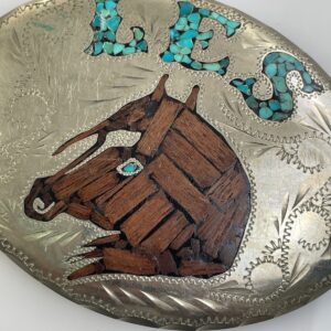 WOW!! SO AWESOME! 925 STERLING SILVER BELT BUCKLE, CRUSHED TURQUOISE & PETRIFIED WOOD INLAY, LES NAME & HORSE DESIGN in SILVER, TURQUOISE, BROWN