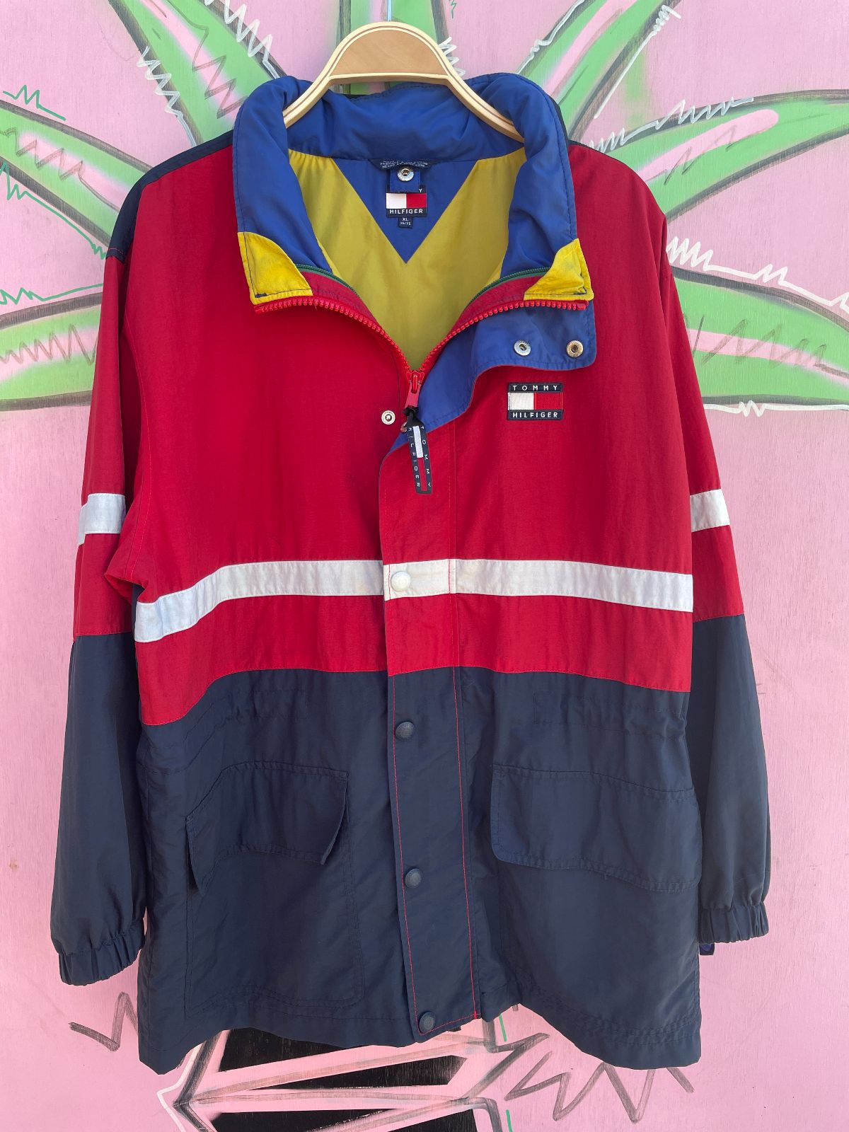 TOMMY HILFIGER TOMMY HILFIGER COLORBLOCK SAILING JACKET W/ HIDEAWAY HOOD in RED, BLUE, YELLOW