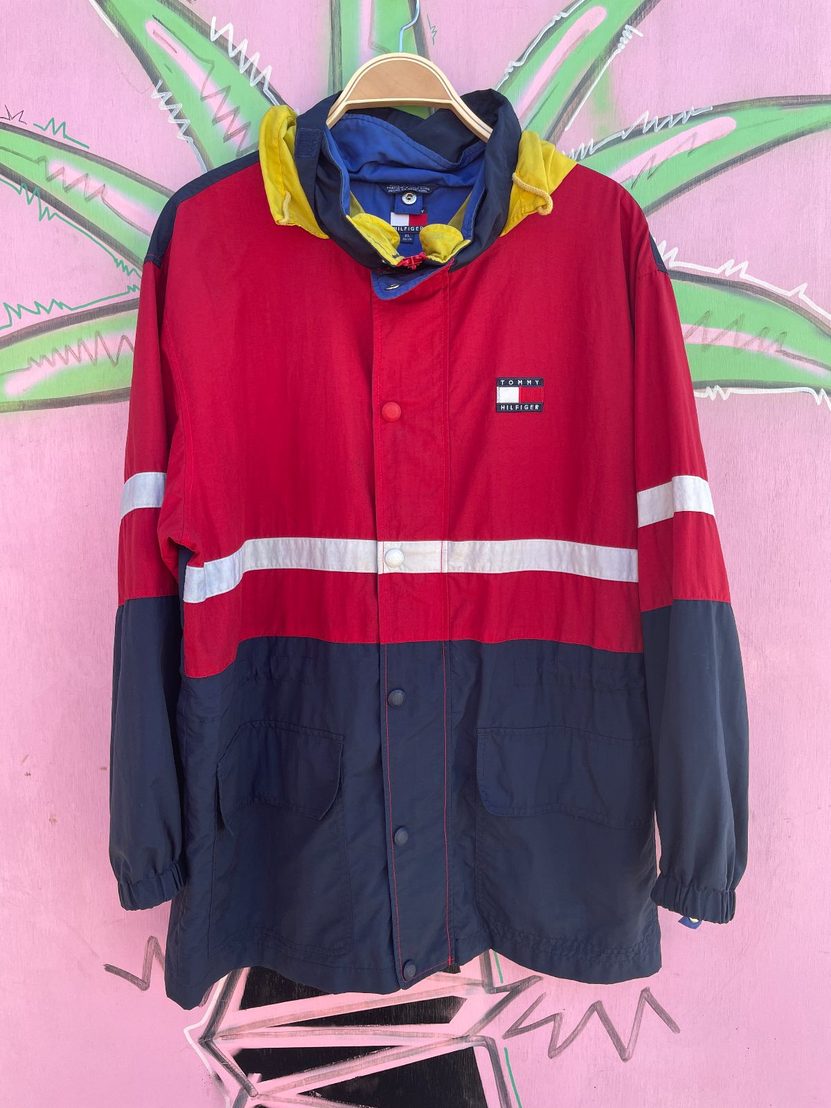 TOMMY HILFIGER TOMMY HILFIGER COLORBLOCK SAILING JACKET W/ HIDEAWAY HOOD in RED, BLUE, YELLOW