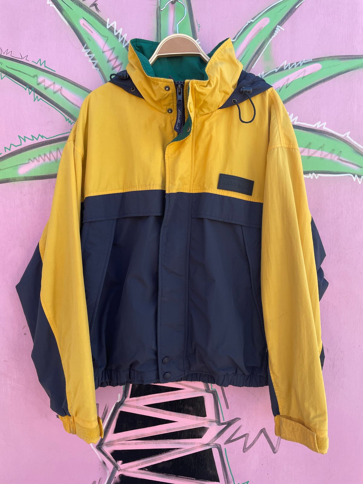 EDDIE BAUER EDDIE BAUER COLORBLOCK SAILING JACKET W/ HIDEAWAY HOOD in YELLOW, BLUE, GREEN