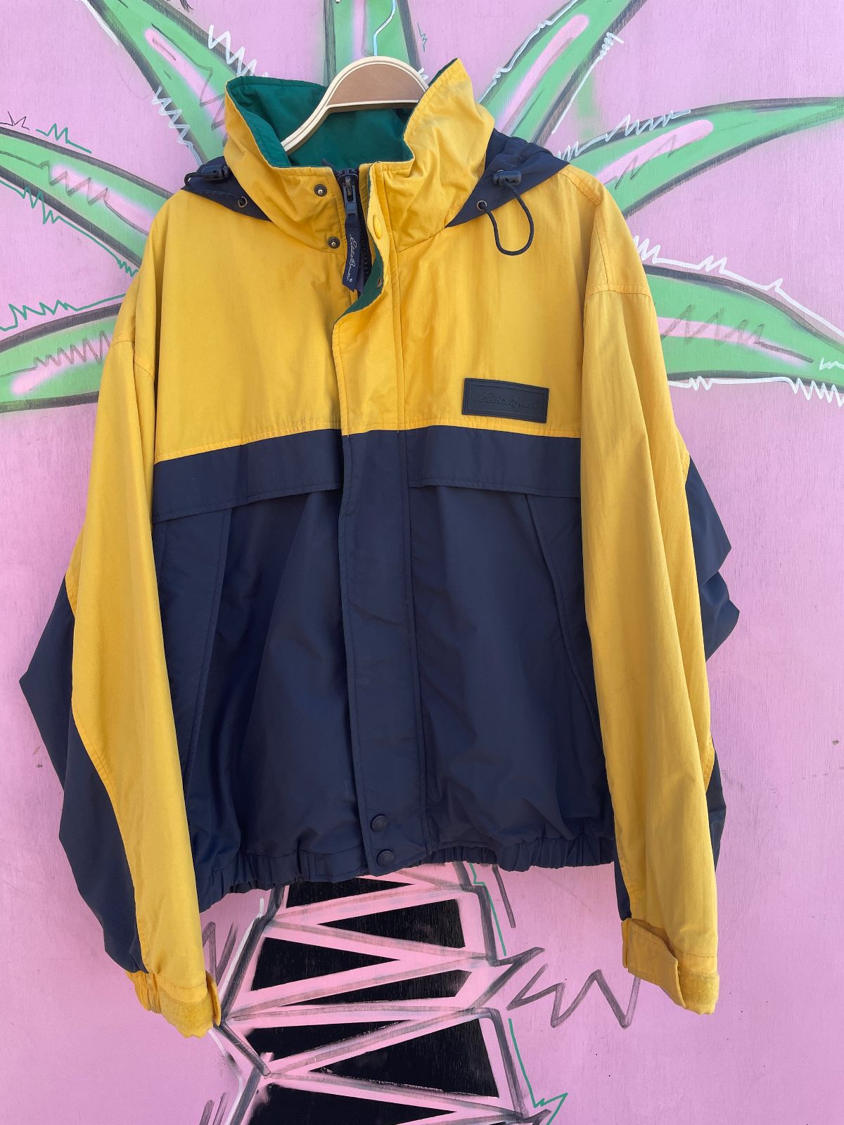 EDDIE BAUER EDDIE BAUER COLORBLOCK SAILING JACKET W/ HIDEAWAY HOOD in YELLOW, BLUE, GREEN