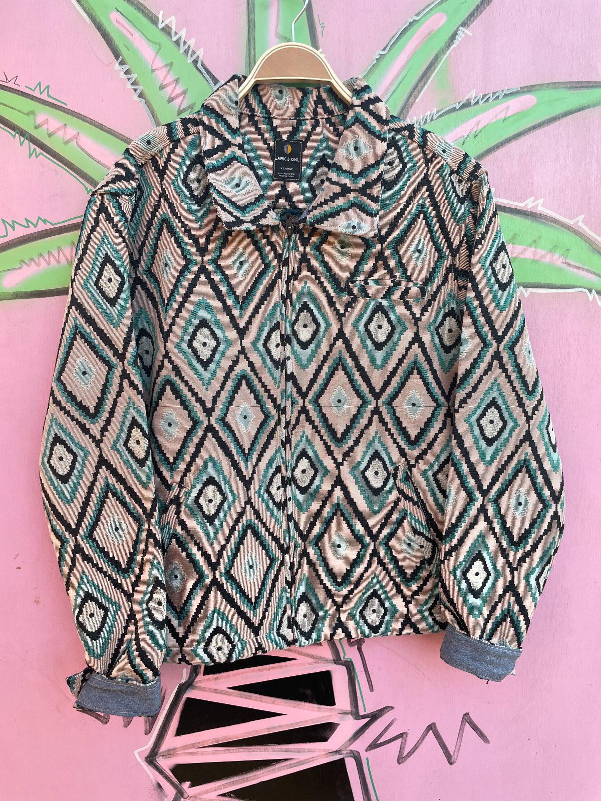 LARK & OWL NWT! AZTEC DESIGN WOVEN JACQUARD ZIP-UP TAPESTRY JACKET in PINK, BLUE, BLACK