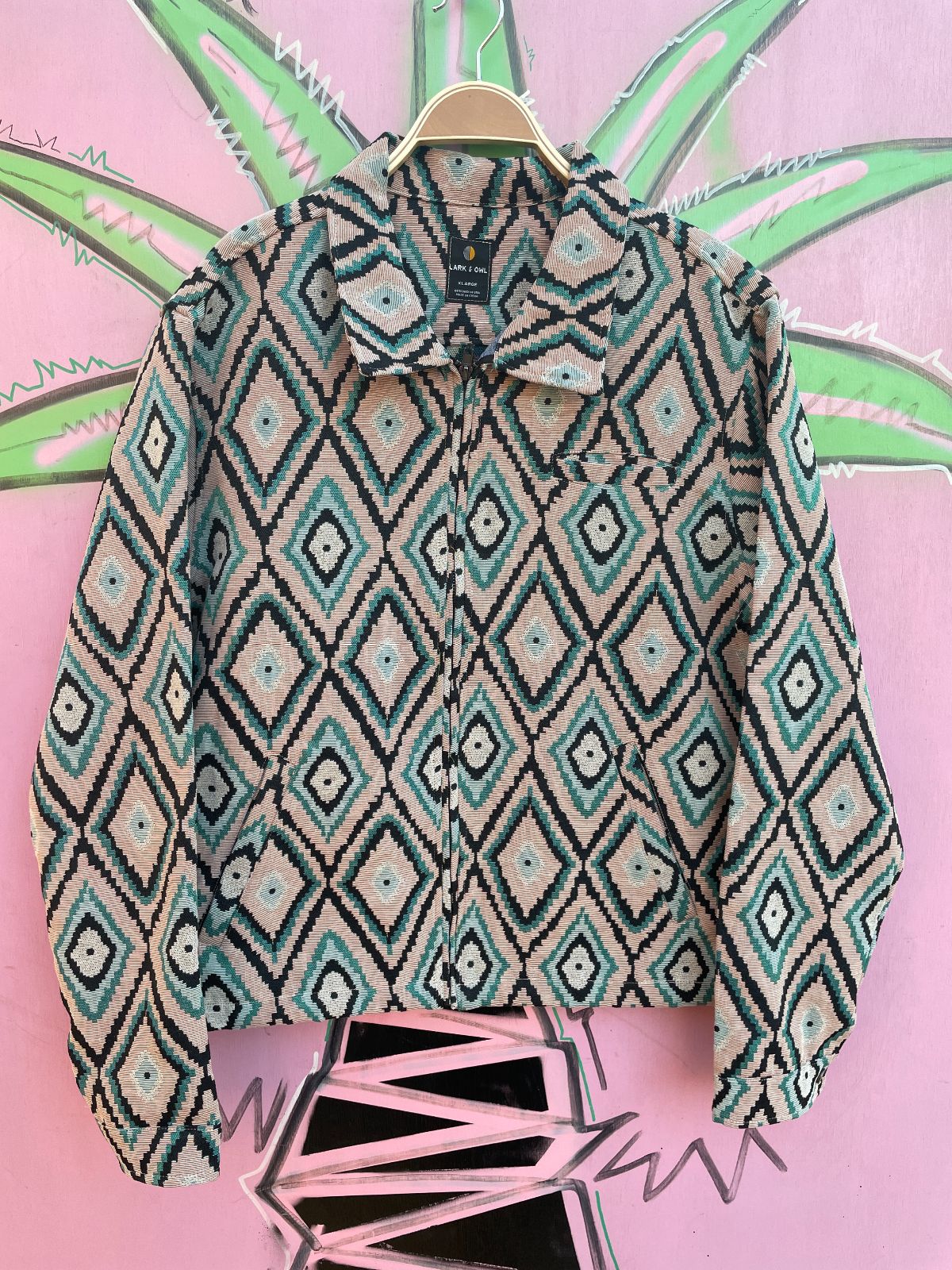 LARK & OWL NWT! AZTEC DESIGN WOVEN JACQUARD ZIP-UP TAPESTRY JACKET in PINK, BLUE, BLACK