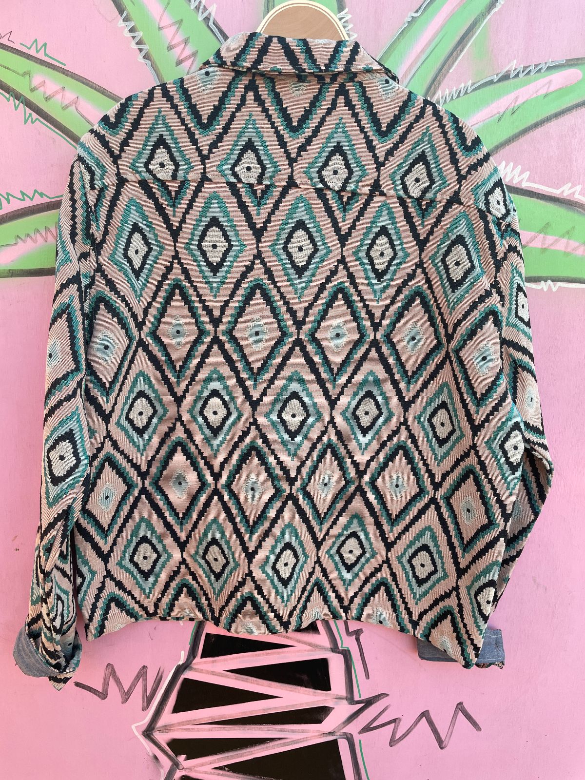 LARK & OWL NWT! AZTEC DESIGN WOVEN JACQUARD ZIP-UP TAPESTRY JACKET in PINK, BLUE, BLACK