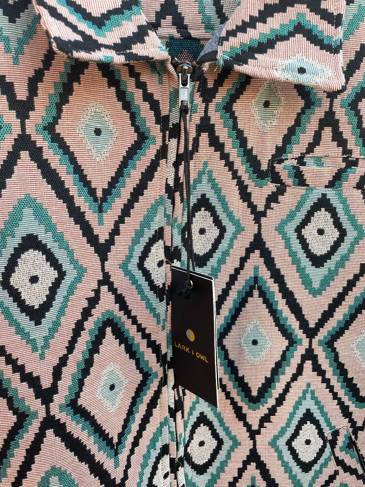 LARK & OWL NWT! AZTEC DESIGN WOVEN JACQUARD ZIP-UP TAPESTRY JACKET in PINK, BLUE, BLACK