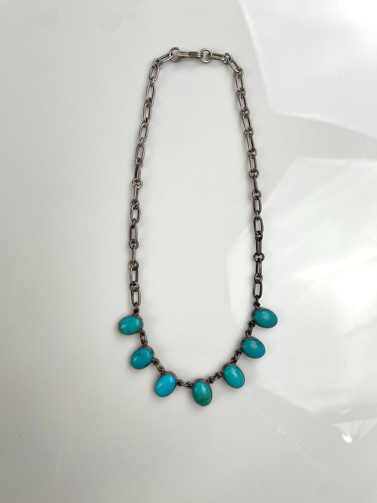 925 TURQUOISE CABOCHON STERLING SILVER NECKLACE *SIGNED JF in SILVER, BLUE