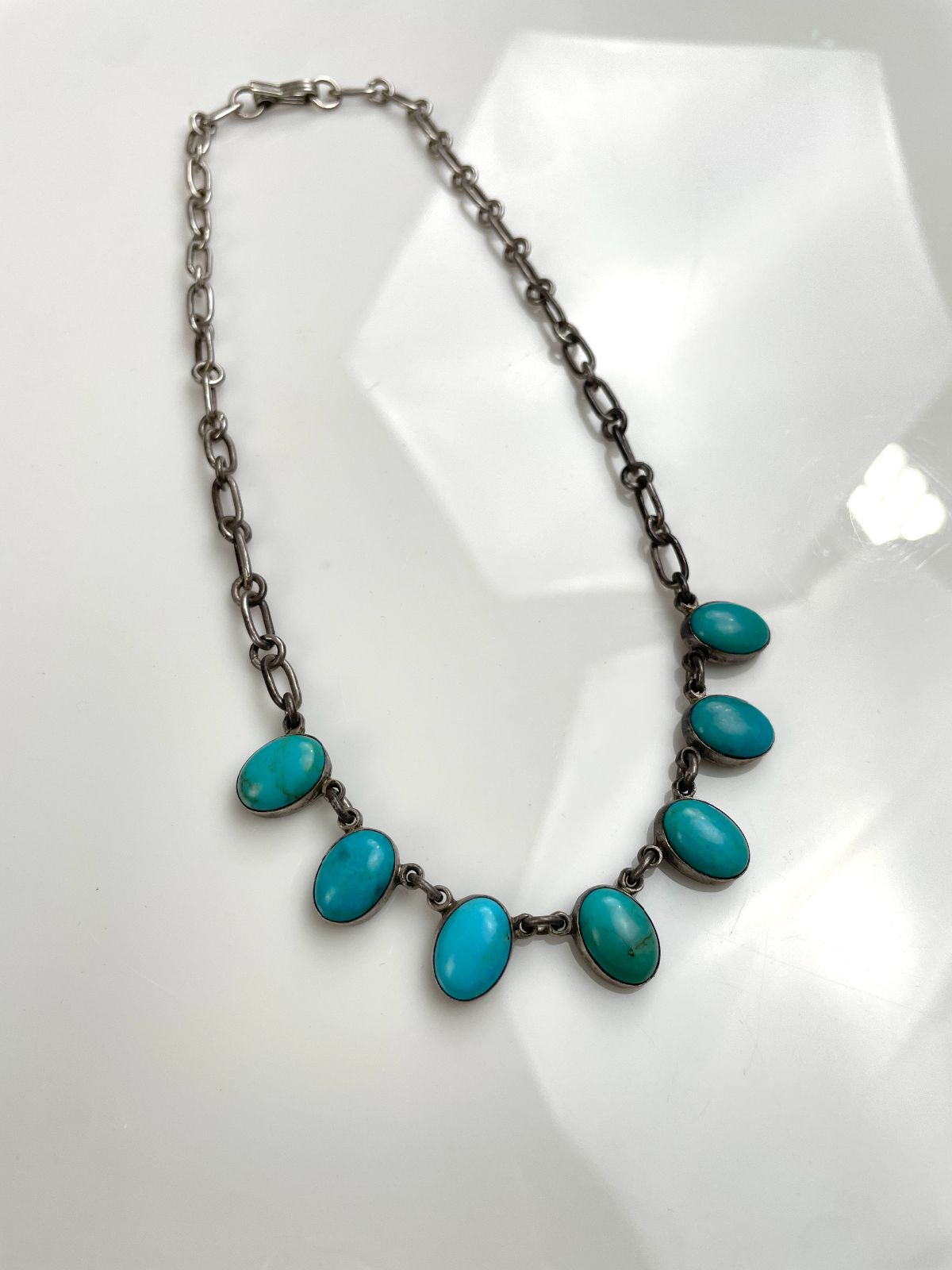 925 TURQUOISE CABOCHON STERLING SILVER NECKLACE *SIGNED JF in SILVER, BLUE