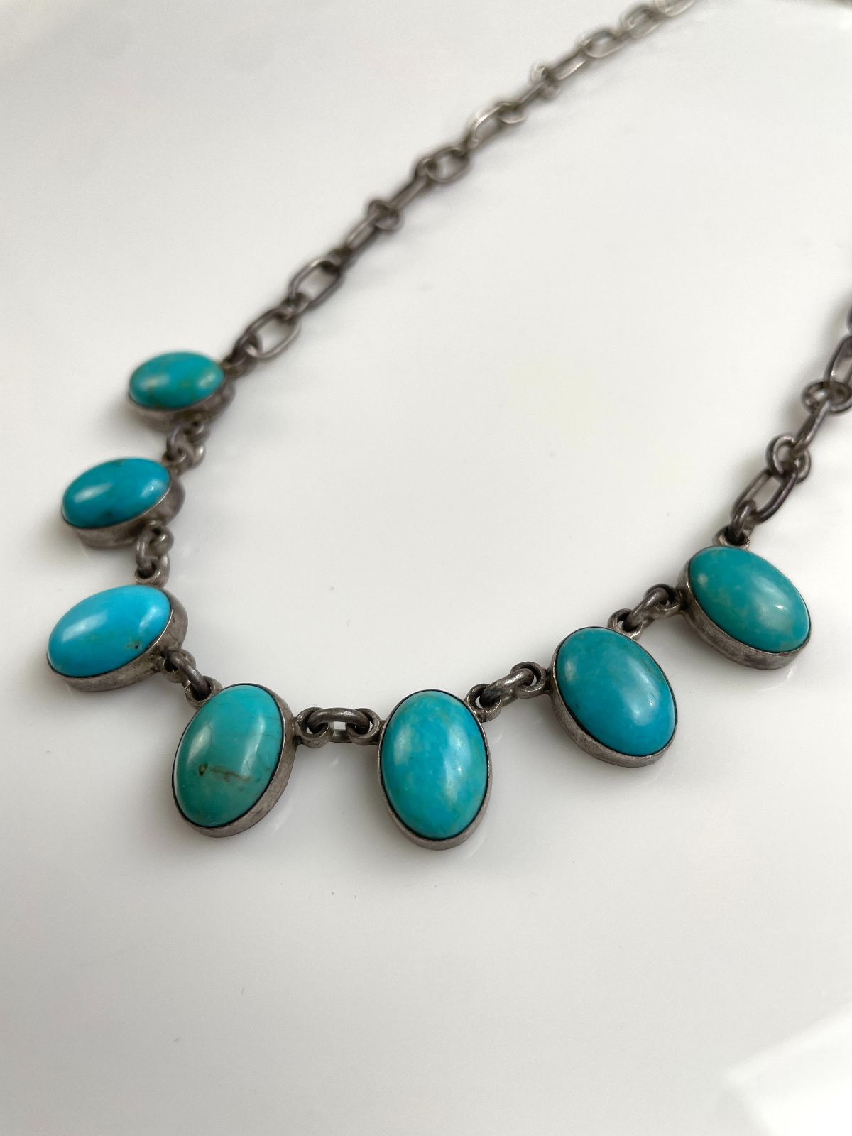 925 TURQUOISE CABOCHON STERLING SILVER NECKLACE *SIGNED JF in SILVER, BLUE