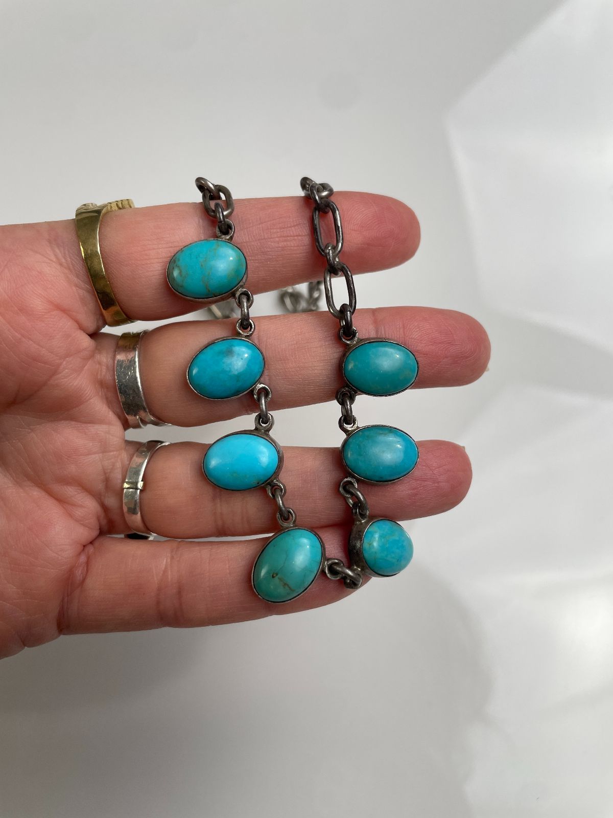 925 TURQUOISE CABOCHON STERLING SILVER NECKLACE *SIGNED JF in SILVER, BLUE