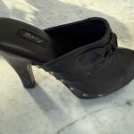Y2K BRASS STUDDED RUCHED LEATHER STACKED HEEL MULES