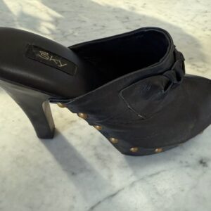 SKY Y2K BRASS STUDDED RUCHED LEATHER STACKED HEEL MULES in BLACK, GOLD