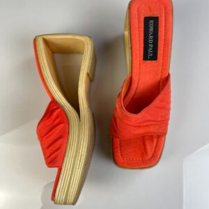 EDWARD PAUL AMAZING! BAMBOO WOOD TRIANGLE CUT-OUT PLATFORM OPEN TOE WEDGE SANDALS in ORANGE, TAN