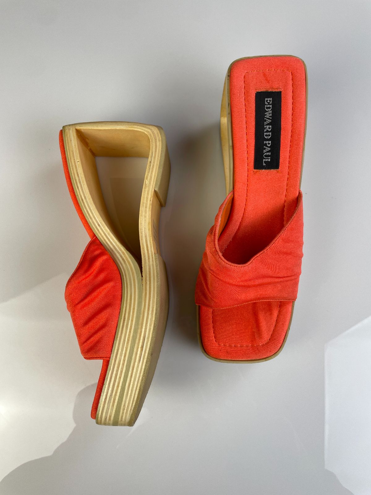 EDWARD PAUL AMAZING! BAMBOO WOOD TRIANGLE CUT-OUT PLATFORM OPEN TOE WEDGE SANDALS in ORANGE, TAN