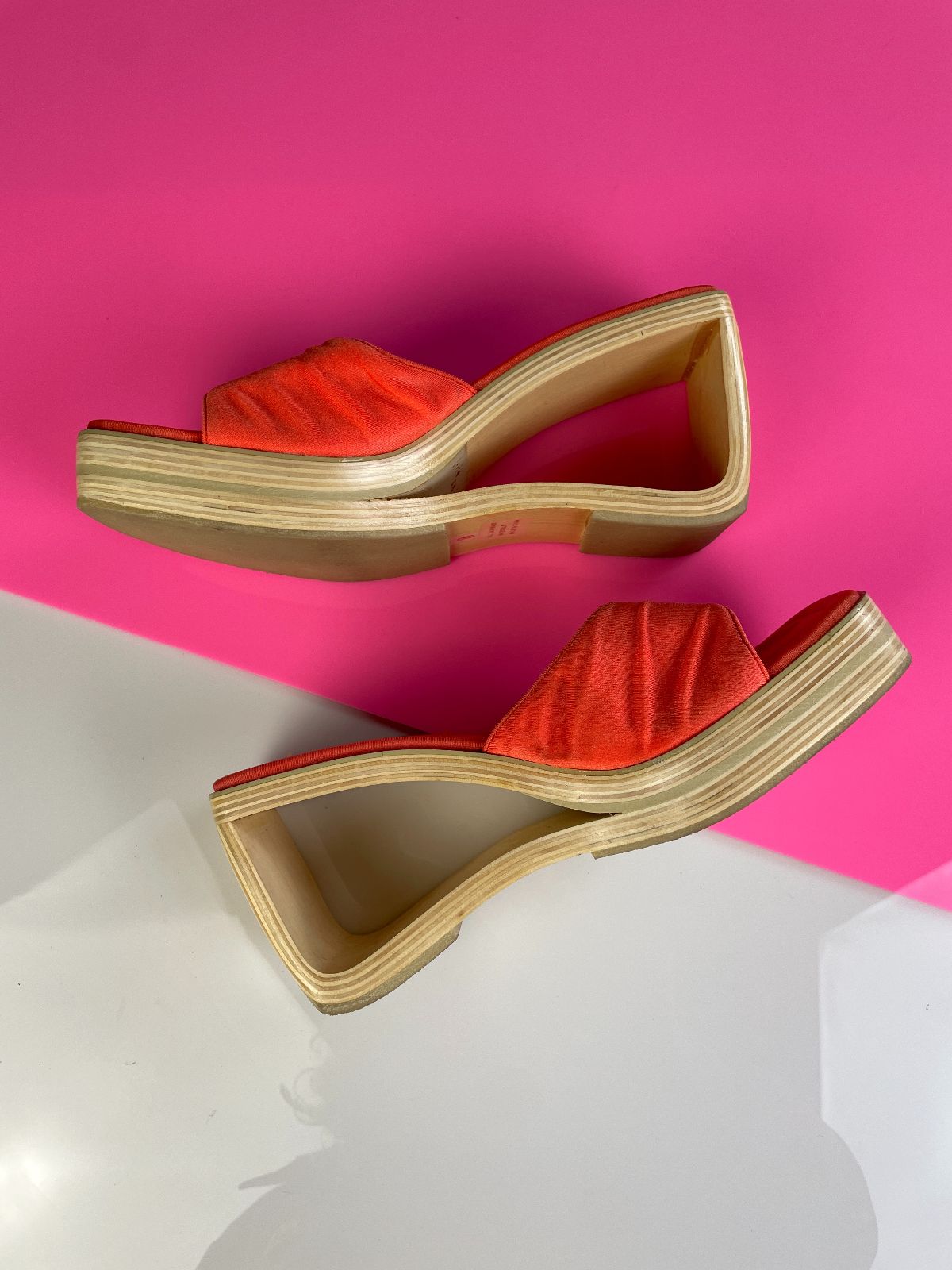 EDWARD PAUL AMAZING! BAMBOO WOOD TRIANGLE CUT-OUT PLATFORM OPEN TOE WEDGE SANDALS in ORANGE, TAN