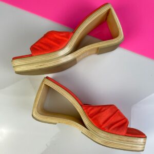 EDWARD PAUL AMAZING! BAMBOO WOOD TRIANGLE CUT-OUT PLATFORM OPEN TOE WEDGE SANDALS in ORANGE, TAN