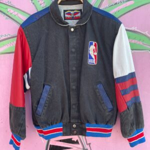 JEFF HAMILTON AS-IS JEFF HAMILTON LEATHER AND DENIM COLORBLOCK NBA JACKET in BLACK, WHITEM BLUE, RED