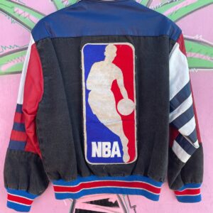 JEFF HAMILTON AS-IS JEFF HAMILTON LEATHER AND DENIM COLORBLOCK NBA JACKET in BLACK, WHITEM BLUE, RED