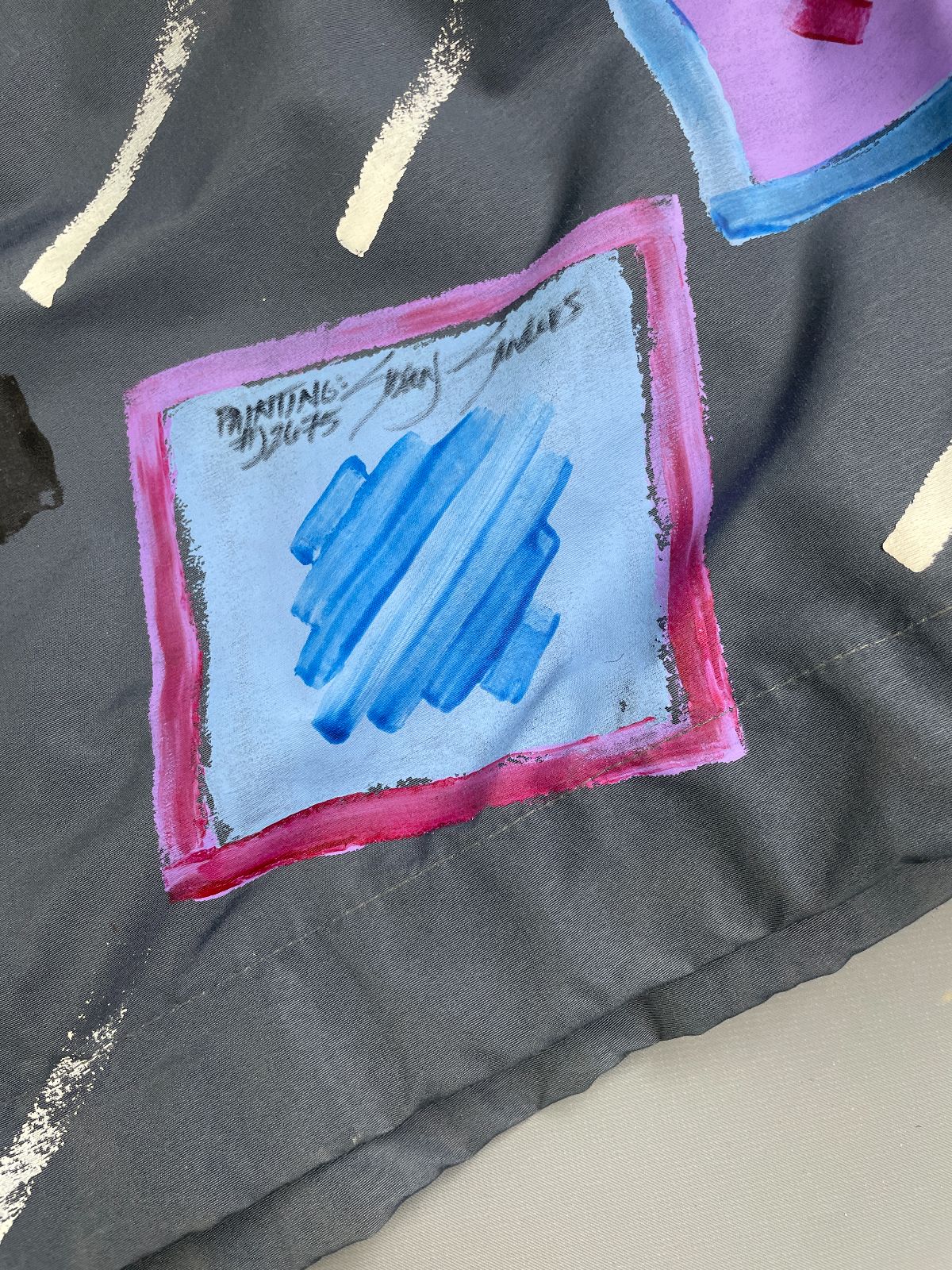 ANN ORIGINAL SEATTLE WILD! 1980S-90S HAND PAINTED COLOR BLOCK WINDBREAKER JACKET *SIGNED in GREY, PURPLE