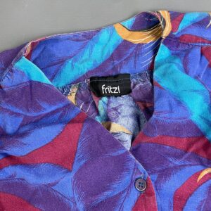 FRITZI *AS-IS* SUPER CUTE! CAP SLEEVE HAWAIIAN TOP, RUCHED SLEEVES, SMALL FIT in PURPLE, BLUE