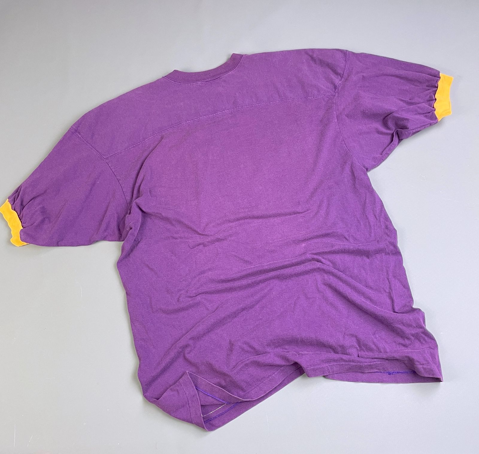 EAGLE SPORTSWEAR *AS-IS* COOL! 1970S-80S FRATERNAL LETTERING 100% COTTON RINGER TSHIRT in PURPLE, YELLOW