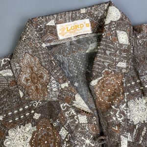 LORD'S *AS-IS* UNIQUE SHEER THAI SILK BATIK PRINT QUARTER BUTTON SHIRT WITH POCKETS in TAUPE, WHITE