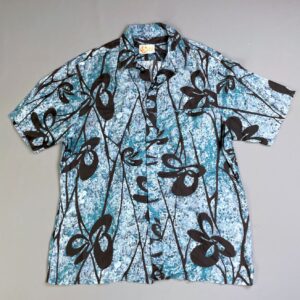 IOLANI COOL! 1960S-70S BATIK STYLE HAWAIIAN SHIRT SPLATTER PAINTED DESIGN in BLUE. BLACK
