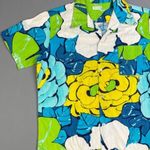 *AS-IS* RAD! 1960S-70S MADE IN HAWAII BOLD PAINTERLY HAWAIIAN SHIRT, TEXTURED RIBBED COTTON in BLUE. GREEN
