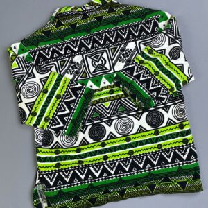 KEONE SPORTWEAR *AS-IS* SWEET! 1970S BOLD GEOMETRIC PRINT COLLARED PULLOVER TOP HAWAIIAN STYLE in GREEN, BLACK, WHITE
