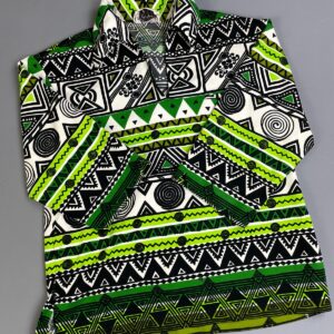 KEONE SPORTWEAR *AS-IS* SWEET! 1970S BOLD GEOMETRIC PRINT COLLARED PULLOVER TOP HAWAIIAN STYLE in GREEN, BLACK, WHITE