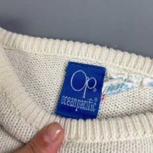 OCEAN PACIFIC *AS-IS* OP! EARLY 1980S STRIPED 100% COTTON KNIT PULLOVER SWEATER in CREME, BLUE