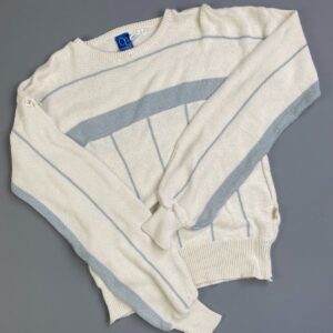 OCEAN PACIFIC *AS-IS* OP! EARLY 1980S STRIPED 100% COTTON KNIT PULLOVER SWEATER in CREME, BLUE
