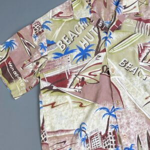 KILLER! 1970S-80S ALL OVER SURF BEACH HUT PRINT SHORT SLEEVE BUTTON DOWN SHIRT in GREEN, BURG