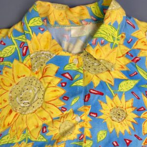 1990S 100% RAYON SUNFLOWER PRINT SHORT SLEEVE BUTTON DOWN SHIRT in YELLOW, BLUE