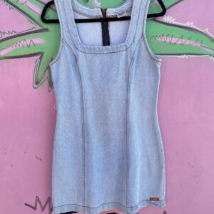 BONGO CUTE! VINTAGE LIGHTWASH DENIM PRINCESS SEAM MINI DRESS WITH SQUARE NECKLINE AND CONTRAST STITCHING in BLUE