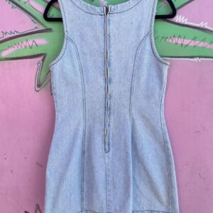 BONGO CUTE! VINTAGE LIGHTWASH DENIM PRINCESS SEAM MINI DRESS WITH SQUARE NECKLINE AND CONTRAST STITCHING in BLUE