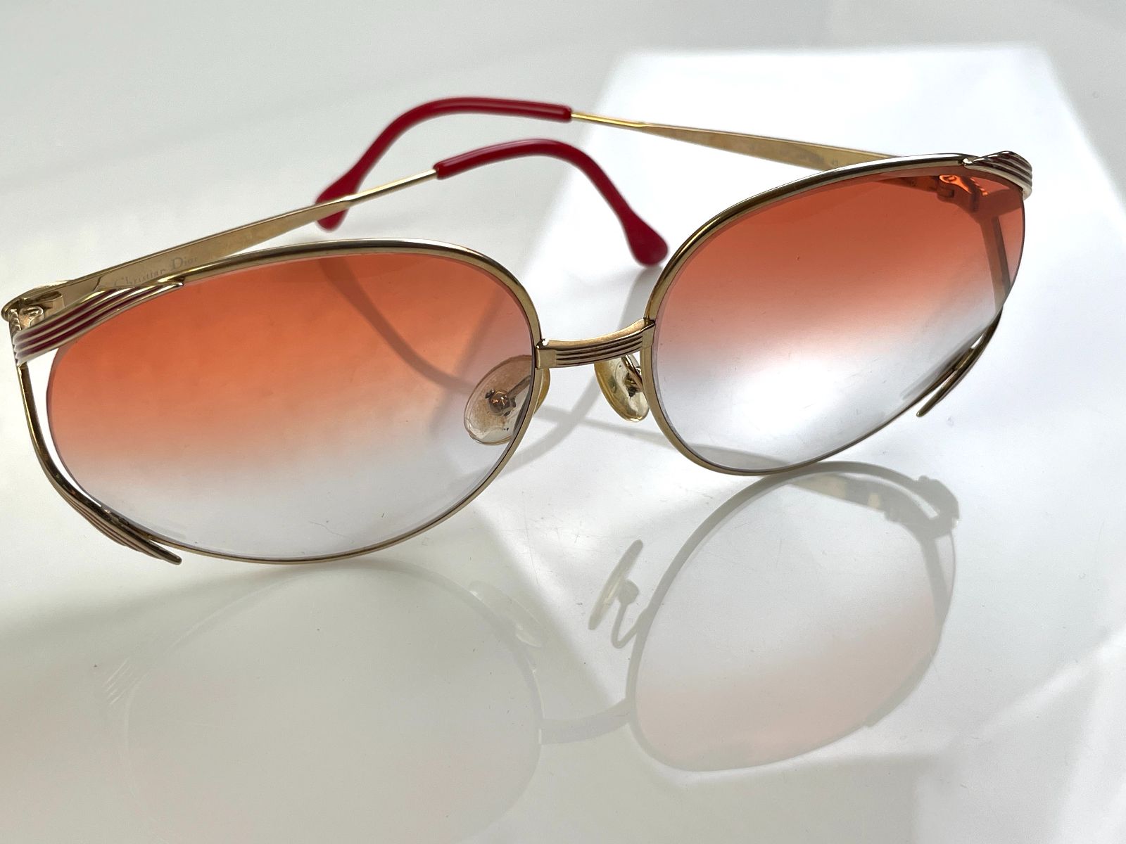 CHRISTIAN DIOR GORGEOUS! 1970S DIOR GOLD BUTTERFLY FRAME CUSTOM GRADIENT LENSE in GOLD, RED, AMBER