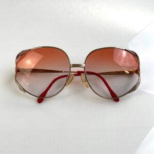 CHRISTIAN DIOR GORGEOUS! 1970S DIOR GOLD BUTTERFLY FRAME CUSTOM GRADIENT LENSE in GOLD, RED, AMBER