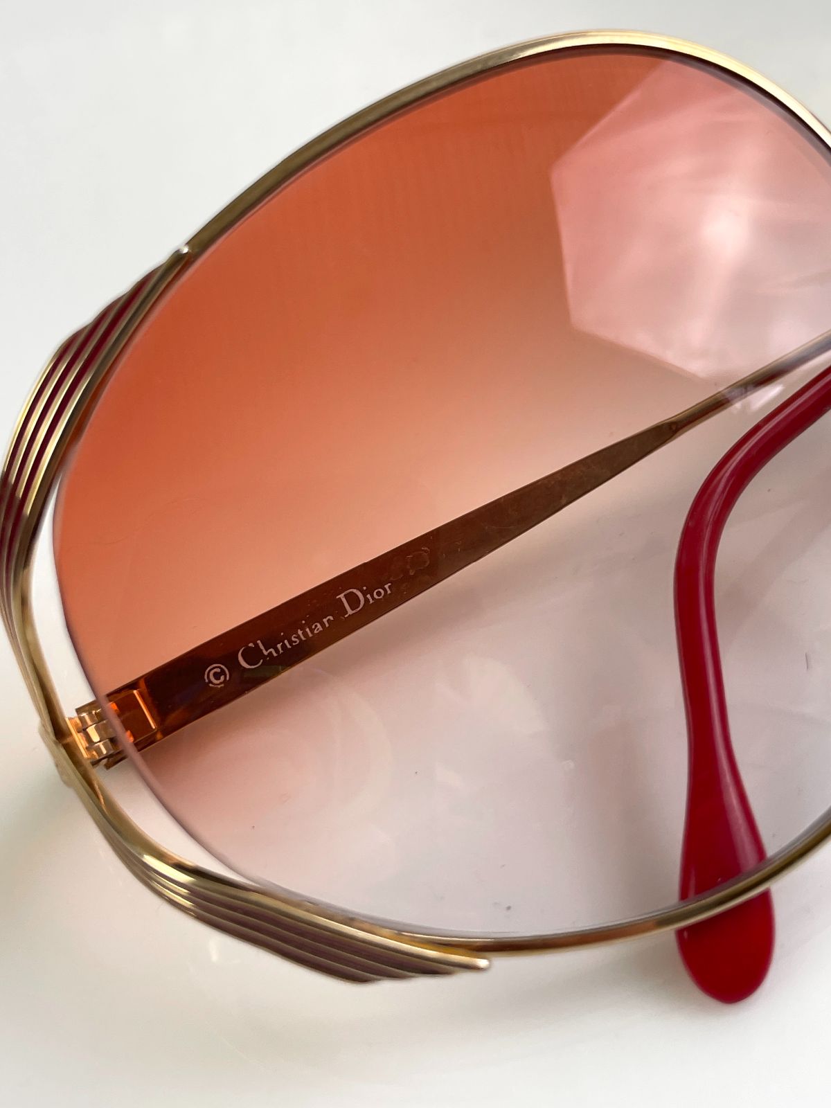 CHRISTIAN DIOR GORGEOUS! 1970S DIOR GOLD BUTTERFLY FRAME CUSTOM GRADIENT LENSE in GOLD, RED, AMBER