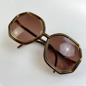 TED LAPIDUS CLASSIC! 1970S MADE IN FRANCE OCTAGONAL WOOD GRAIN BAMBOO STYLE SUNGLASSES in BROWN, GOLD