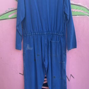 AS-IS AWESOME FADED BLUE FRENCH COTTON WORKWEAR JUMPSUIT FULL ZIP *REPAIRS *RUST MARKINGS in BLUE