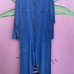 AS-IS AWESOME FADED BLUE FRENCH COTTON WORKWEAR JUMPSUIT FULL ZIP *REPAIRS *RUST MARKINGS in BLUE
