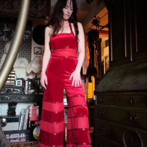 CASSANDRA STONE *AS-IS* BEADED RED VELVET MESH PANELED HALTER WIDE LEG JUMPSUIT in RED