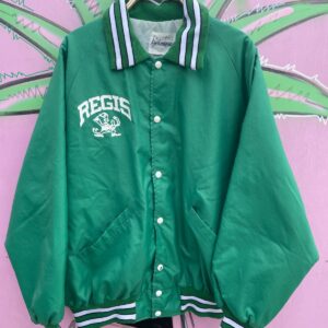DELONG RETRO REGIS RAMBLERS FIGHTING IRISH GRAPHIC SATIN BUTTON UP JACKET in GREEN