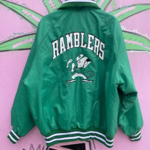DELONG RETRO REGIS RAMBLERS FIGHTING IRISH GRAPHIC SATIN BUTTON UP JACKET in GREEN