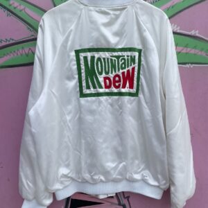 AUBRUN EMBROIDERED MOUNTAIN DEW SATIN BUTTON UP SPORTS JACKET in WHITE