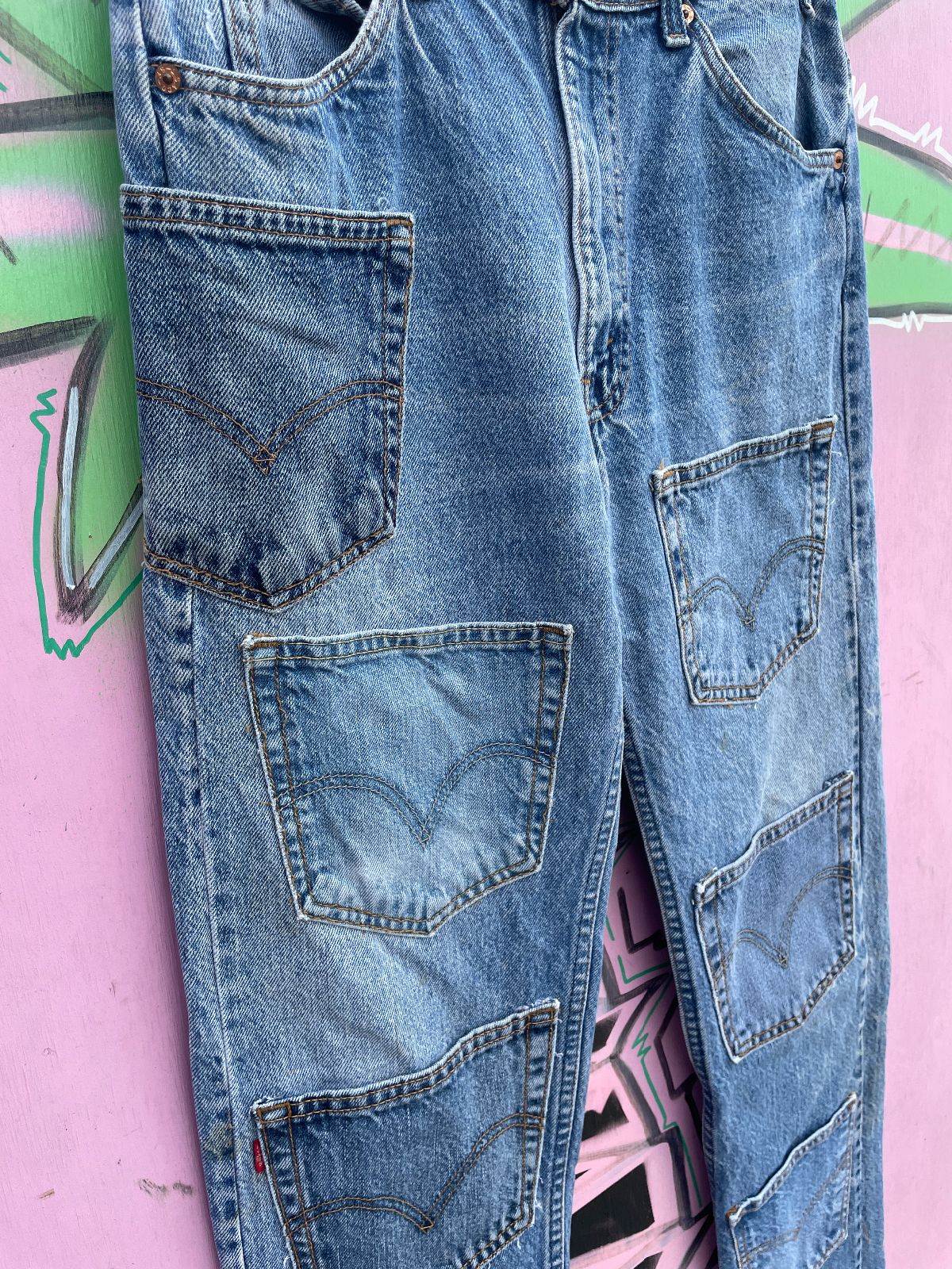LEVIS ONE OF A KIND! REPURPOSED LEVIS ORANGE TAB DENIM JEANS + 11 POCKETS in BLUE