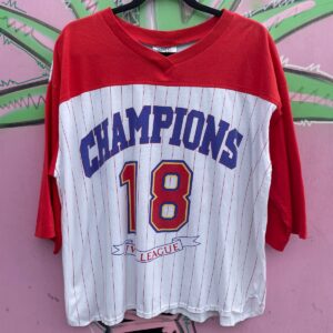 NIGHT GEAR 1980S CHAMPIONS 18 IVY LEAGUE FOOTBALL TEAM PRINSTRIPE JERSEY T-SHIRT in RED, WHITE, BLUE