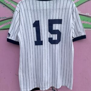*AS-IS* 1980S NEW YORK YANKEES NUMBER 15 PINSTRIPE V NECK RINGER TEE in WHITE, NAVY