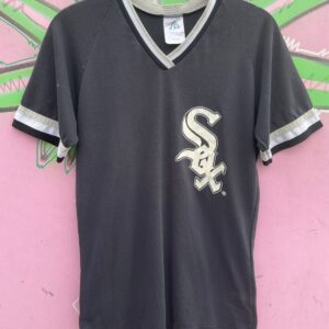 DBLA MADE IN U.S.A. CHICAGO WHITE SOX LOGO V NECK RINGER TEE, STAWICKI CONSTRUCTION #13 in BLACK, GREY