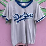 1980S MADE IN U.S.A DODGERS LOGO V NECK RINGER TEE, NUMBER 12 M.D.